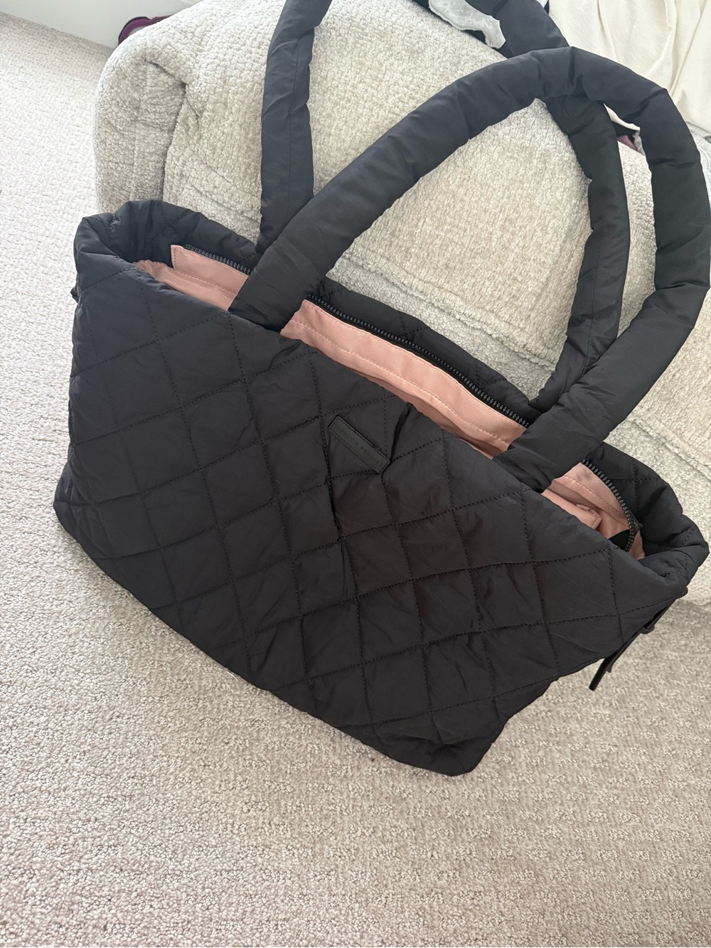 Poppy & Peonies Quilted Black Tote with Pink Interior